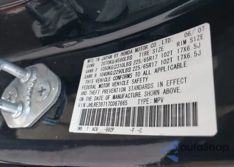 2007 Honda Cr-V Ex-L z USA, uszkodzony, nr VIN JHLRE38717C067665